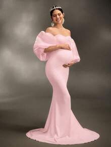 Cheriluna Maternity 孕妇写真礼服/优雅派对礼服/迎婴派对礼服 - 修身针织连衣裙，配有3D袖子、心形领口和褶皱设计 - 粉色 - 查看 7