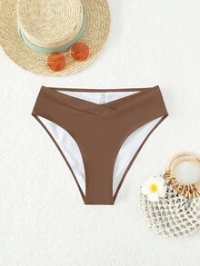 Swim Basics 女士性感夏季度假休闲交叉腰带纯色沙滩比基尼泳裤 - 咖啡棕 - 查看 4