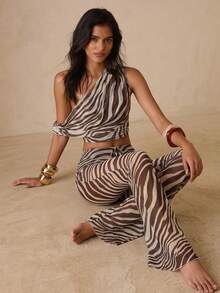 Glamine 女士中腰斑马纹阔腿裤 - 透明网纱内衬，蘑菇边设计，波西米亚风休闲性感阔腿裤 - 棕色 - 查看 2