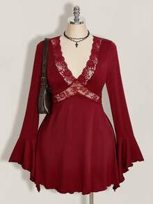 SHEIN ICON Gaun Liburan Wanita Ukuran Besar dengan Patchwork Renda dan Lengan Berkerut, Cocok untuk Kencan Malam, Warna Burgundy, Musim Gugur yang Elegan - Burgundy - View 5
