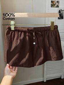 Comfortcana Celana Pendek Katun Linen Polos Kasual Wanita, Musim Panas - Coklat - View 8