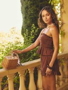 Aralina 褶皱荷叶边无肩带镂空褶裥两件套夏季女装沙滩装 - 咖啡棕 - 查看 6