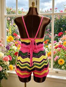 Swim Vcay 2pcs/Set Young Women's Elegant Multi-Color Knitted Top & Shorts Vacation Outfit For Summer - Multicolor - View 3
