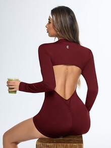 Eassivo Eassivo 女士拉链前襟半开襟露背长袖运动连体裤 - 酒紅色 - 查看 5