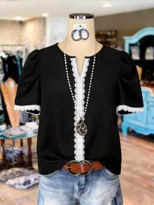 GlowEve CURVE Plus Size Women Casual Contrast Lace Short Sleeve Shirt - Multicolor - View 4