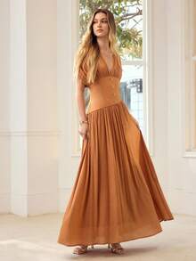 MOTF PREMIUM WOMEN'S EXTRA LONG DRESS, SUITABLE FOR DATES AND VACATIONS, SPRING/SUMMER - Brown - View 5