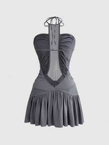 ROMWE Y2K Party Music Festival Outfit Mesh Patchwork Beaded Halter Mini Dress - Dark Grey - View 4