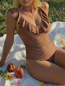 SHEIN Swim 2026新款加大码女式连体波点纯色印花性感休闲泳衣 - 彩色 - 查看 4