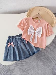 SHEIN Playful Pals 2件組少女夏季生日套裝，針織短袖上衣配大尺寸白色蝴蝶結，紅色蝴蝶結裝飾百褶裙，復古甜美街頭風 - 粉色 - 查看 8