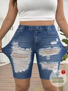 SHEIN Frenchy 母亲节加大码蓝色牛仔破洞休闲打底裤，适合夏季穿着 - 藍色 - 查看 1