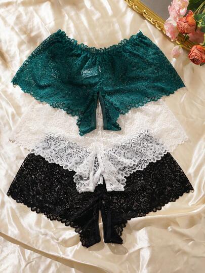 SHEIN 3pcs/Set Plus Size Lace Sexy Open Crotch Panties