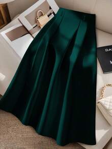GlowEve CURVE Plus Size Women Elegant Solid Color Umbrella Green Skirt Teal - Dark Green - View 6