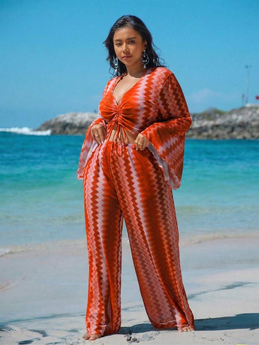 Swim Vcay 大码女士夏季沙滩波浪纹系带挂脖三角比基尼套装,含罩衫和泳裤,四件套可拆卸泳衣 - 棕色 - 查看 1