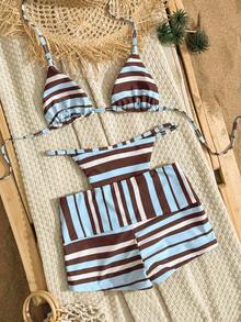 SHEIN Swim Mod 2026新款春夏女士三件套泳衣，随机印花泳装套装，含泳裤和裙子，优雅休闲海滩度假装 - 彩色 - 查看 2