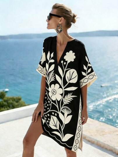 SHEIN Holidaya Minimalist Beige & Black Floral Print V-Neck Short Sleeve Loose A-Line Dress, Versatile For Work & Casual, Flattering Silhouette, Floral Pattern Decor