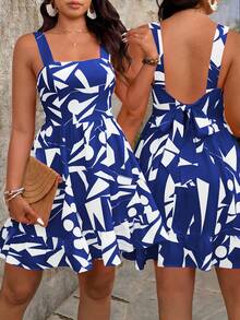 EMERY ROSE Vestido de talla grande con estampado floral y lazo en la cintura para mujer de vacaciones - Azul - Ver 7