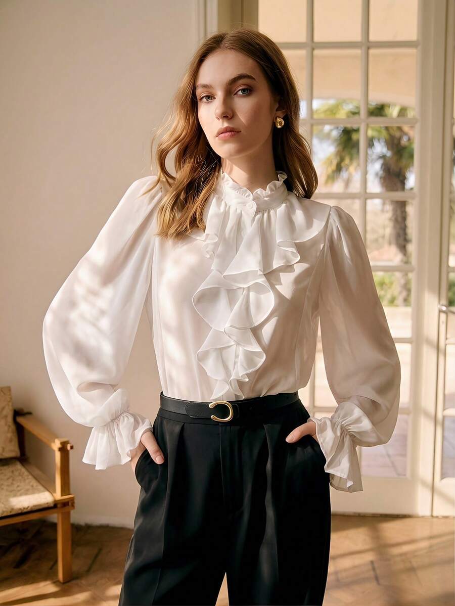 BizChic Blusa de manga larga con volantes en el bajo, para mujer, estilo urbano, de oficina, de negocios, casual y elegante, camisa formal para dama - Blanco - Ver 1