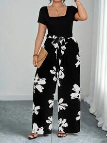 Elenzga Mono de manga corta con cuello cuadrado y estampado de bloques de color para mujer talla grande, de estilo minimalista y casual - Blanco y Negro - Ver 3