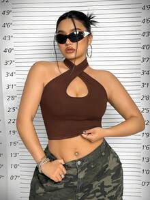 SHEIN ICON Áo quây cổ chéo lưng thấp cỡ lớn - màu nâu - Xem 4