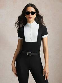 Activina Áo cưỡi ngựa tay ngắn cài khuy nửa thân tương phản dành cho nữ - Đen và trắng - Xem 5