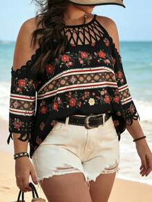 EMERY ROSE Camisa de hombros descubiertos con corte láser de talla grande, elegante y casual para vacaciones - Negro - Ver 1