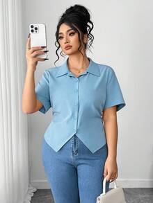 Elenzga Plus Size Fashionable Elegant Short Sleeve Asymmetrical Hem Blouse - Blue - View 3