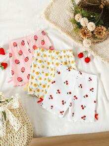 SHEIN 3件套女婴0-3岁春夏新款休闲运动弹力罗纹针织柔软柔和色调粉色米色灰色三件套修身短裤，适合居家和户外穿着 - 彩色 - 查看 2