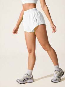 SHEIN Core Rhythm Casual Versatile White Waistband Splice Mesh Slim Fit Pockets Sports Shorts - White - View 7