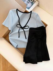 GlowEve Women's Contrast Trim Bow Tie Top And Skirt Set - Blue - View 1