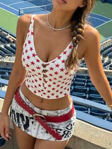 DAZY 夏季女士星形印花镂空修身性感吊带背心 - 白色 - 查看 16