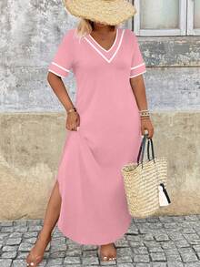 Breezaya Plus Size Color Block V-Neck Short Sleeve Casual Summer Dress - Baby Pink - View 1