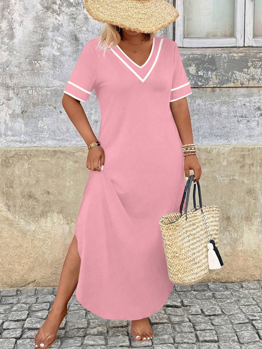 Breezaya Plus Size Color Block V-Neck Short Sleeve Casual Summer Dress - Baby Pink - View 1