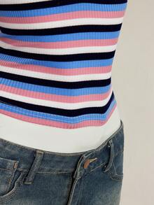 SHEIN ICON Sexy Deep V-Neck Rainbow Striped Tight Camisole,Summer Top - Multicolor - View 9