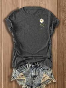 EMERY ROSE Vintage Style Women's T-Shirt - Charming Daisy Floral, Double-Sided Printing, And Comfortable For Casual Summer Outfits, Everyday Wear - Dark Grey - View 3