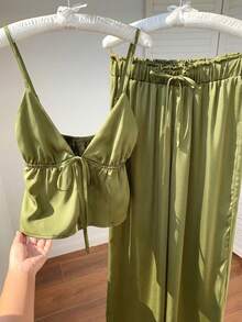 SHEIN Comfortcana Bộ đồ gồm áo hai dây và quần dài bằng vải lanh dành cho nữ, trang phục mùa hè. - màu xanh lá - Xem 6