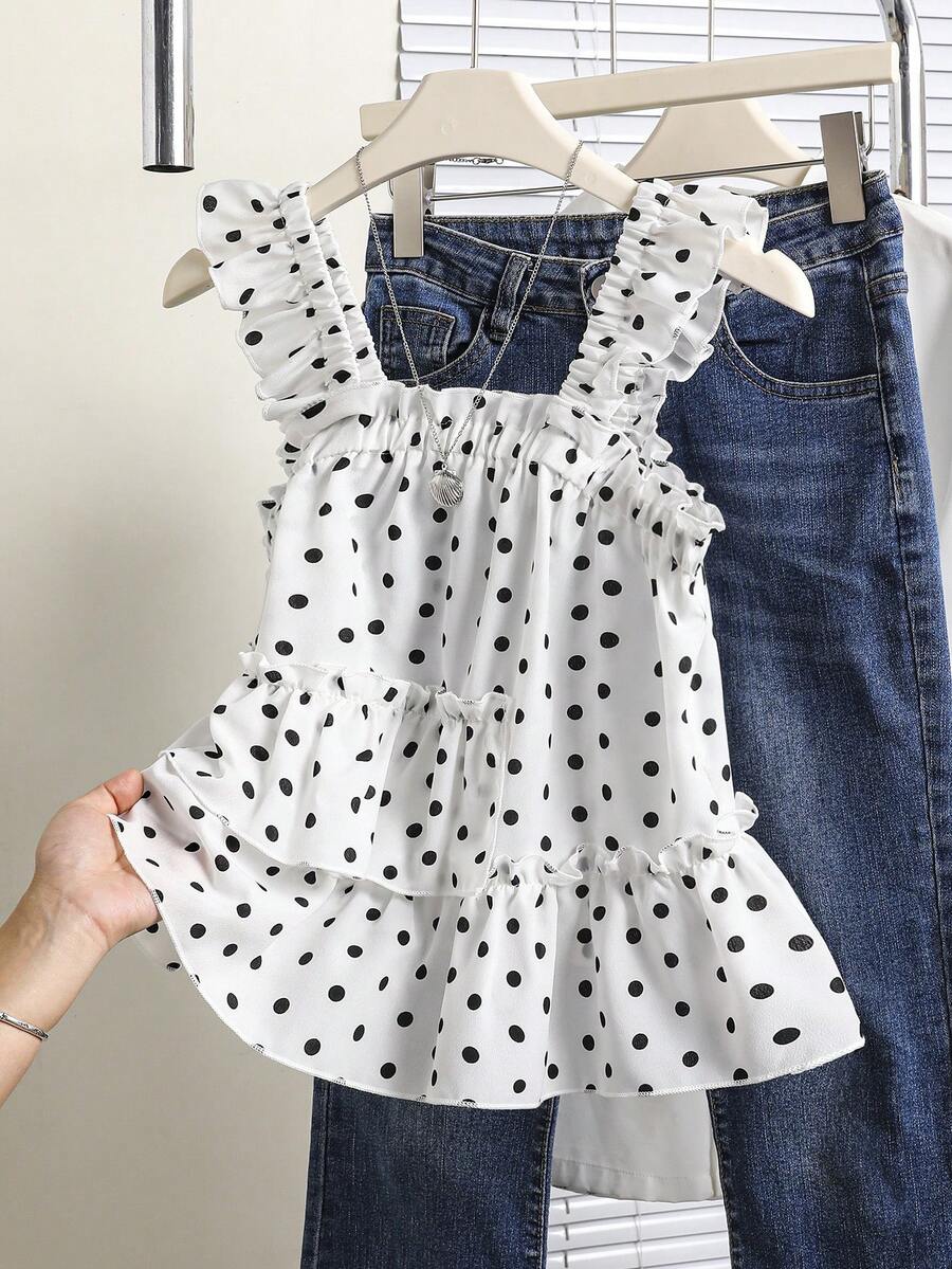 Áo mùa hè chấm bi cho bé gái tuổi teen, áo không tay dây bản rộng chấm bi với viền bèo nhún, thanh lịch, giản dị, đa năng, phù hợp cho kỳ nghỉ, mặc hàng ngày và mùa hè đi học.