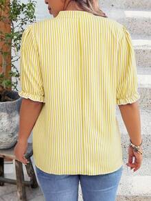 EMERY ROSE Camisa casual con cuello en V a rayas y mangas con volantes para mujer de talla grande - Amarillo - Ver 2