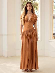 MOTF PREMIUM WOMEN'S EXTRA LONG DRESS, SUITABLE FOR DATES AND VACATIONS, SPRING/SUMMER - Brown - View 2