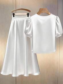 Franclia Women's Solid Color Minimalist Daily Wear Pearl Decor Short Sleeve Top And Skirt 2-Piece Set - White - View 2