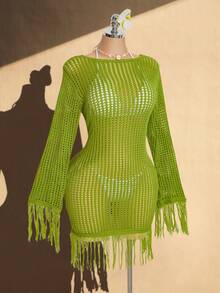 SHEIN ICON Vestido de punto calado con flecos y diseño hueco para vacaciones y playa para mujer de talla grande - Verde Oliva - Ver 4