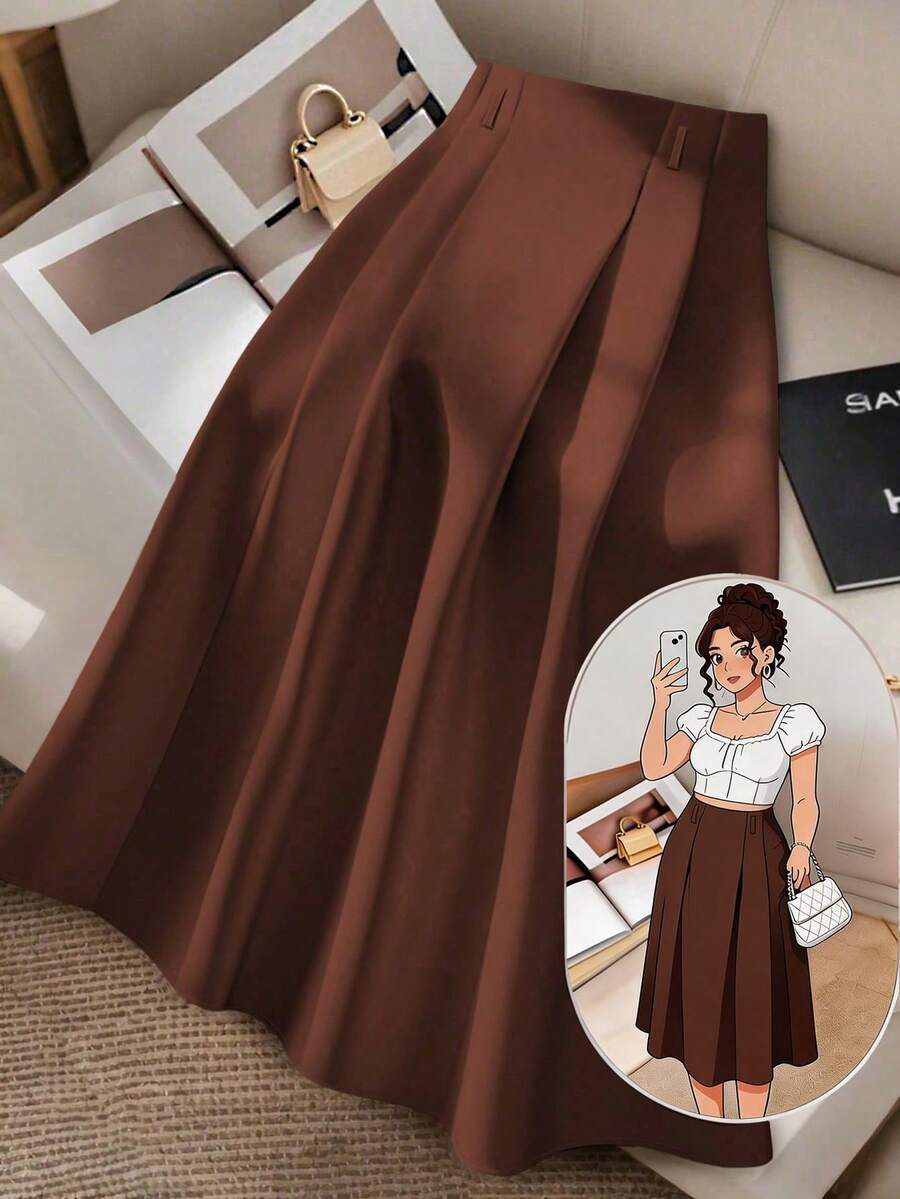 GlowEve CURVE Plus Size Women Minimalist Solid Color Casual A-Line Skirt Brown - Brown - View 1