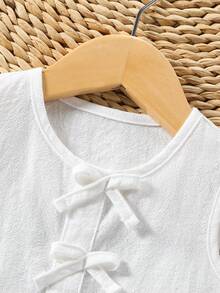 SHEIN Vintaside Kids 2件套女婴幼儿/新生儿0-3岁春夏休闲甜美日常度假条纹梭织无袖上衣和阔腿裤两件套 - 粉色 - 查看 3