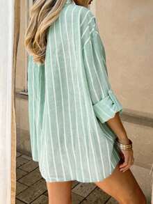 Airaco Women's Striped Print Casual Long Sleeve Shirt - Mint Green - View 2