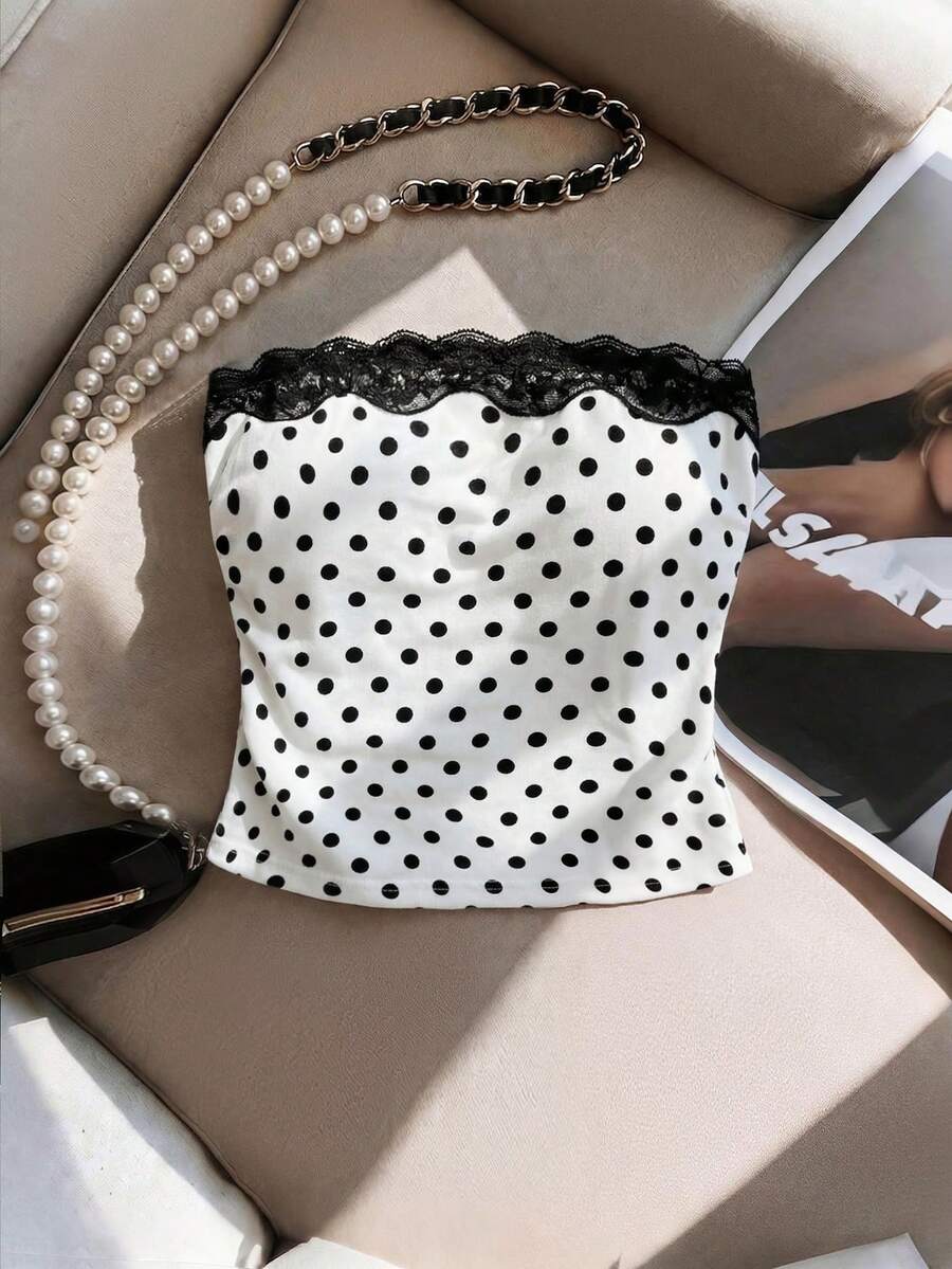 GlowEve Áo quây nữ, Áo quây chấm bi mùa xuân/hè mới, Áo trắng, Áo quây phối ren đen, Áo quây ôm dáng, Áo quây thời trang thường ngày, Thích hợp mặc hàng ngày, hẹn hò, dự tiệc. - Nhiều màu - Xem 1