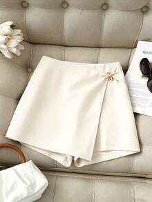 Franclia Women's Solid Color Decorative Ring Elegant Summer Versatile Shorts - Beige - View 5