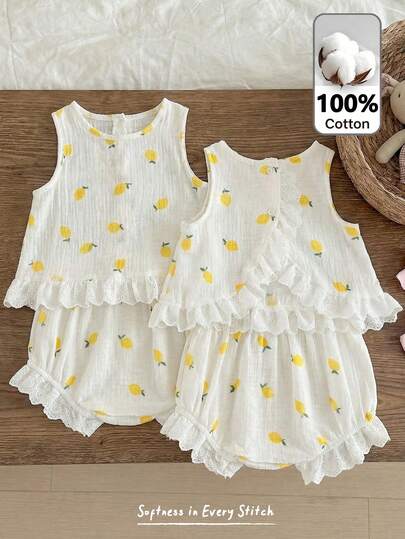 Cozy Pixies Baby Girl Lemon Print Ruffle Hem Tank Top And Shorts Cute Set