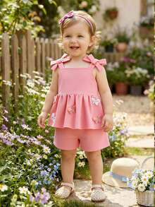 SHEIN 2pcs/Set Baby Girls' Pink Spaghetti Strap Bow Embroidered Butterfly Decor Tank Top & Solid Shorts,Cute Summer Vacation Outfit For Kids 1-2 Years Old - Pink - View 3