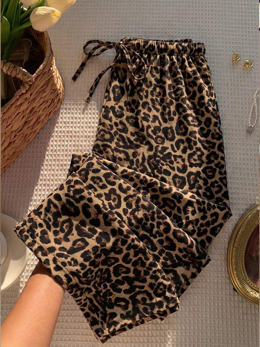 大码宽松抽绳腰褶裥豹纹阔腿裤，休闲度假风，夏季 - 棕色 - 查看 1