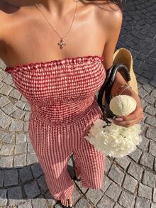 Sunnyshic Bộ jumpsuit ống rộng, lưng trần, chất liệu vải jacquard kẻ caro đỏ trắng, thích hợp cho nữ mùa xuân/hè, phong cách bohemian, thanh lịch, lãng mạn, tối giản và mặc hàng ngày. - Đỏ và trắng - Xem 8