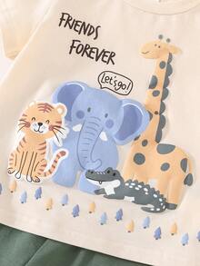 Cozy Pixies Bộ 2 món cho bé trai/bé gái, gồm áo thun dệt kim cổ tròn dáng rộng và quần short in hình động vật hoạt hình dễ thương, thích hợp mặc mùa xuân/hè. - Nhiều màu - Xem 5